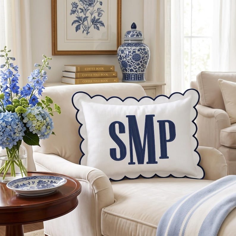 Personalized Monogram Pillow Cover, Custom Embroidered Scallop Pillow, Initial Cushion for Nursery Decor