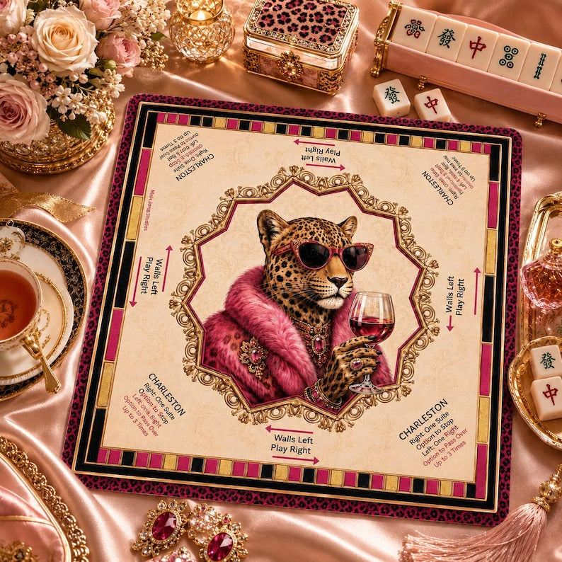 Pink Luxe Leopard Mahjong Mat, Leopard Glam with Rules, Ladies Game Night Hostess, Gift for Her