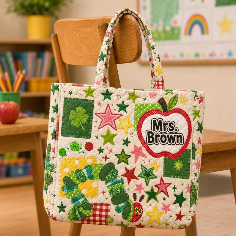 Personalized Caterpillar Teacher Quilted Tote Bag, Custom Name Apple Teacher Bag, Back To School Tote, Cute Classroom Gift