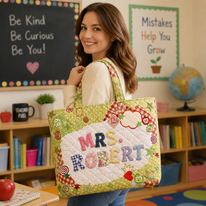 Personalized Teacher Quilted Tote Bag, Custom Name Patchwork Print Tote, Back To School Teacher Gift