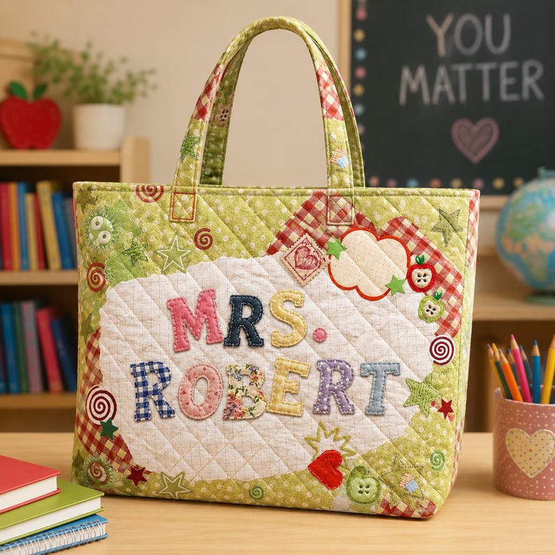 Personalized Teacher Quilted Tote Bag, Custom Name Patchwork Print Tote, Back To School Teacher Gift