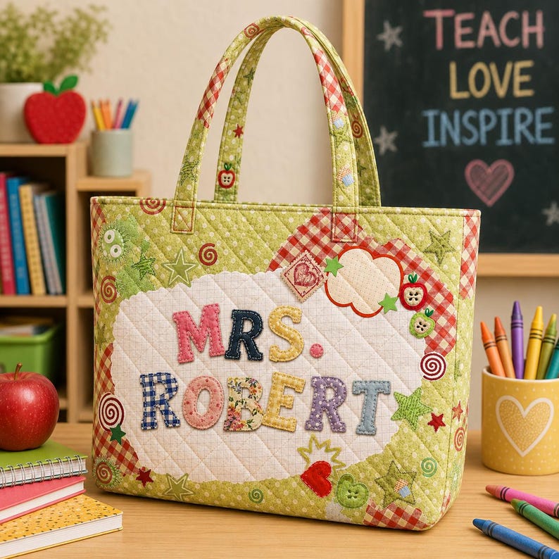 Personalized Teacher Quilted Tote Bag, Custom Name Patchwork Print Tote, Back To School Teacher Gift