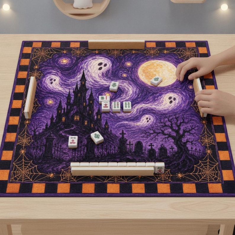 Spooky Halloween Game Mat For Tabletop, Gothic Castle Haunted House Art, Moonlit Cemetery Mahjong Mat