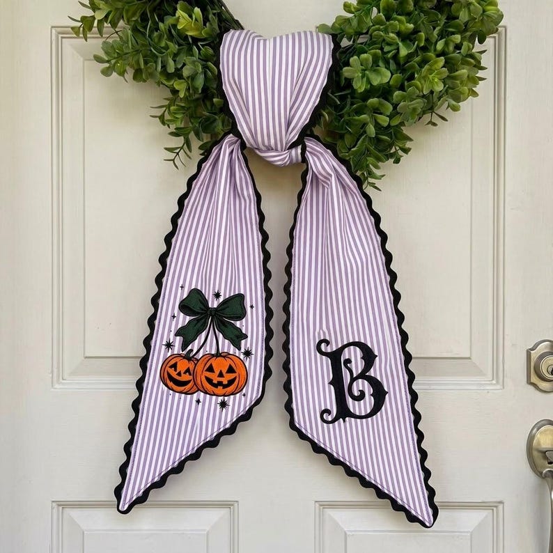 Custom Halloween Wreath Sash, Embroidered Pumpkin Cherries Bow, Personalized Initial Letter Monogram Door Decor