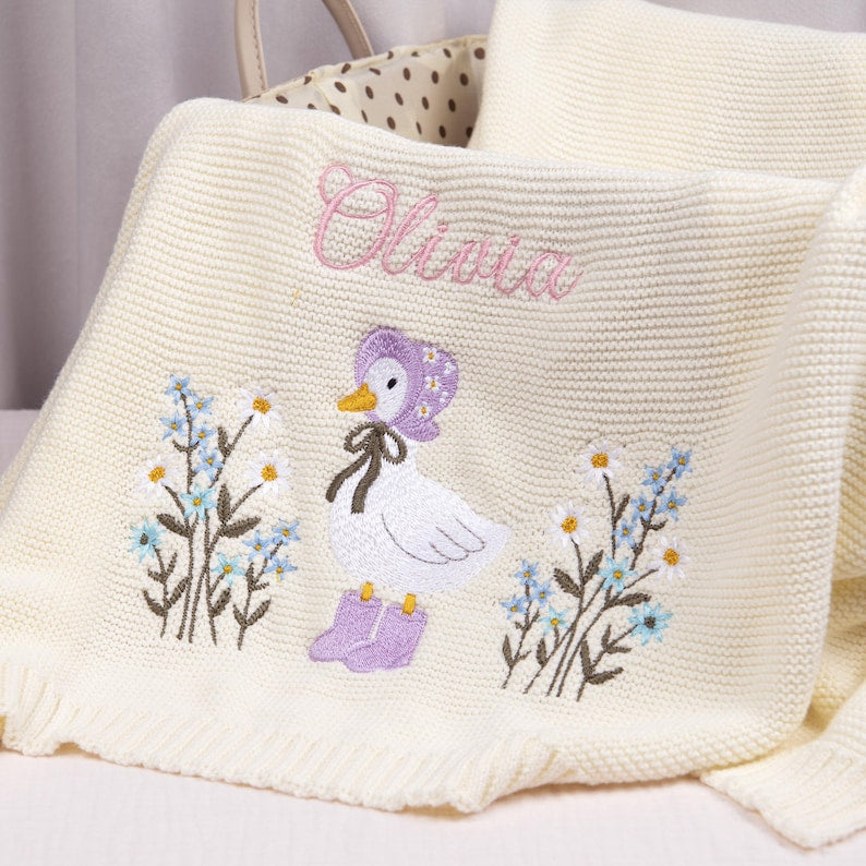 Personalized Wildflower Baby Blanket, Floral Baby Blanket, Embroidered Baby Knit Name Blanket, Newborn Name Blanket