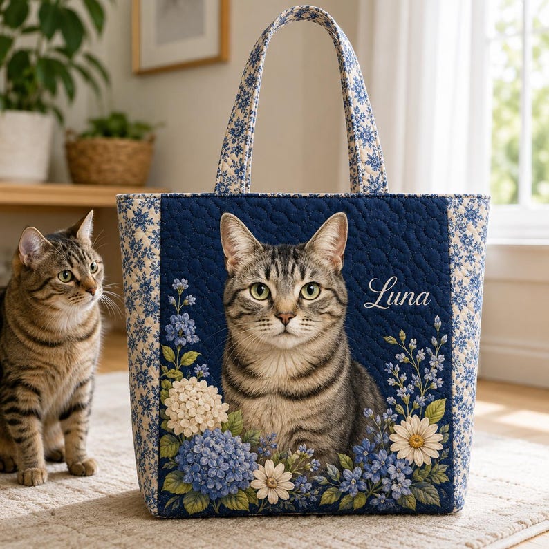 Custom Cat Photo Quilted Tote Bag, Personalized Pet Portrait Tote, Floral Cat Shoulder Bag, Cat Mom Gift