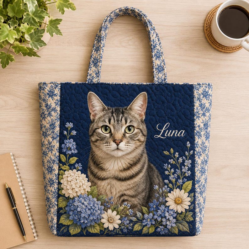 Custom Cat Photo Quilted Tote Bag, Personalized Pet Portrait Tote, Floral Cat Shoulder Bag, Cat Mom Gift