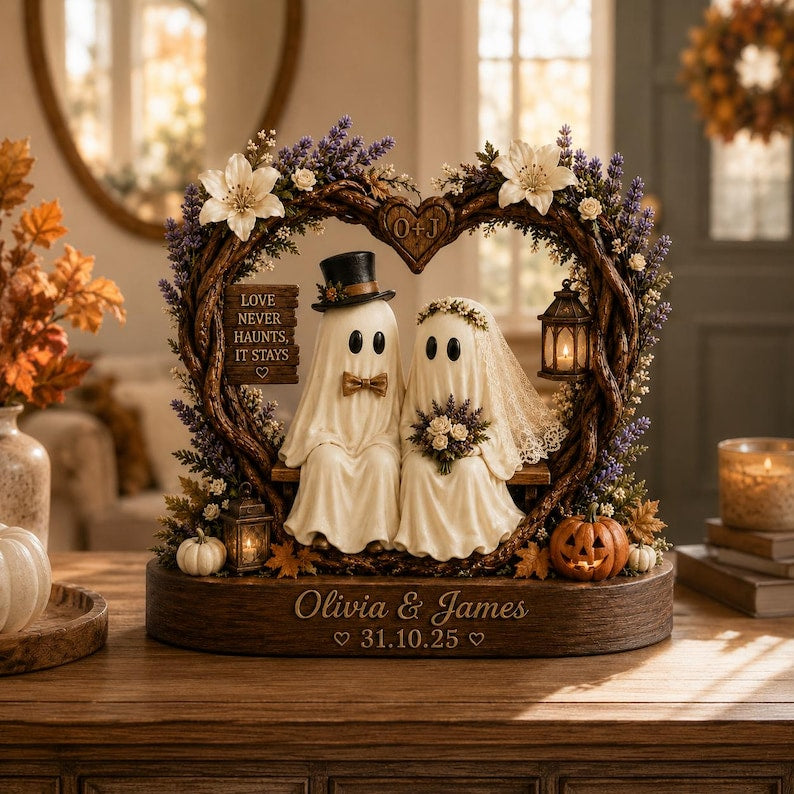 Personalized Ghost Couple Wooden Block, Custom Bride and Groom Halloween Decor