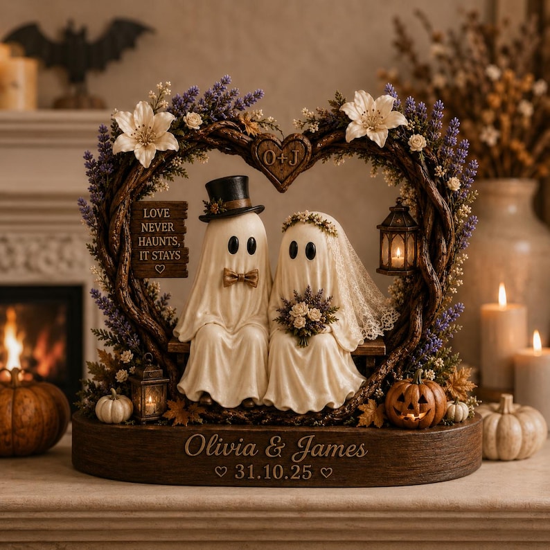 Personalized Ghost Couple Wooden Block, Custom Bride and Groom Halloween Decor