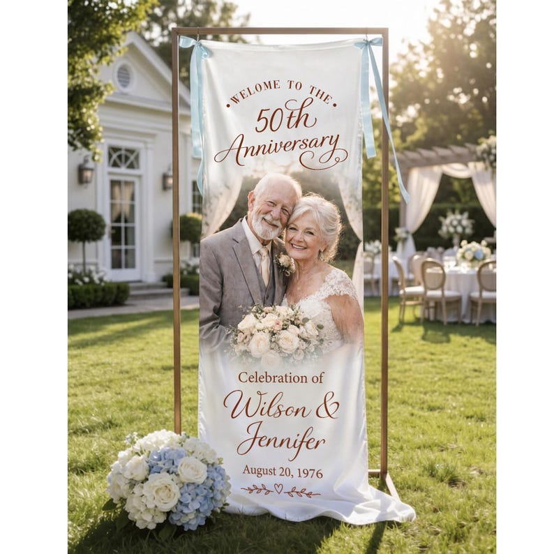 Personalized Photo Anniversary Welcome Sign, Custom 50th Anniversary Banner, Fabric Welcome Sign