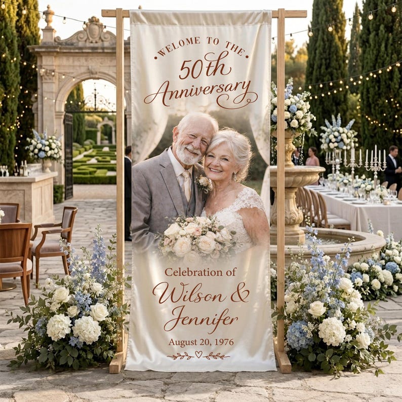 Personalized Photo Anniversary Welcome Sign, Custom 50th Anniversary Banner, Fabric Welcome Sign