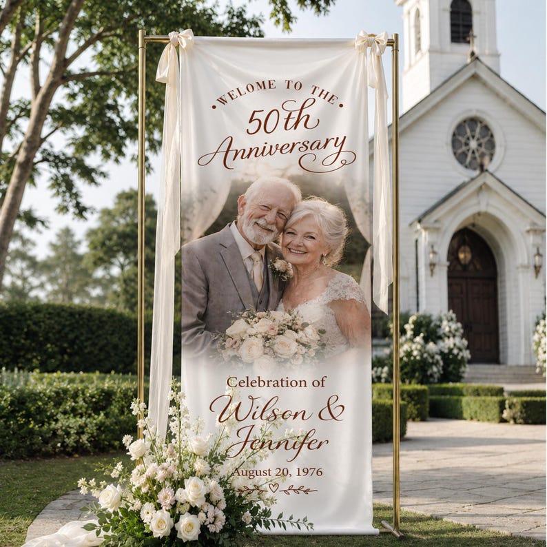 Personalized Photo Anniversary Welcome Sign, Custom 50th Anniversary Banner, Fabric Welcome Sign