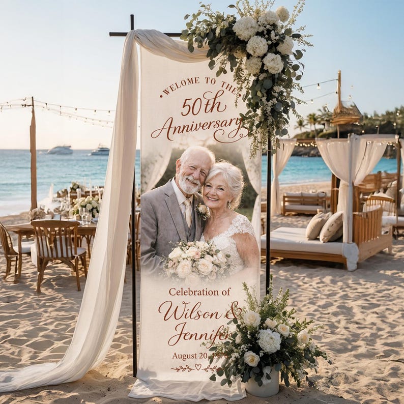 Personalized Photo Anniversary Welcome Sign, Custom 50th Anniversary Banner, Fabric Welcome Sign