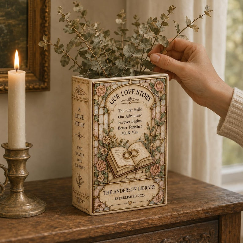 Custom Stained Glass Style Ceramic Book Vase, Custom Wedding Gift for Couple