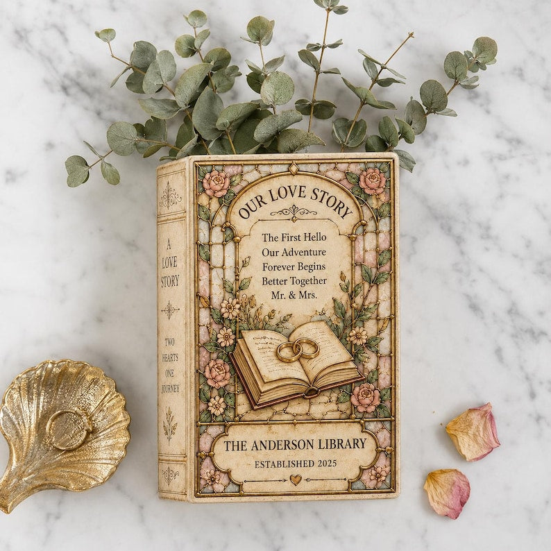Custom Stained Glass Style Ceramic Book Vase, Custom Wedding Gift for Couple