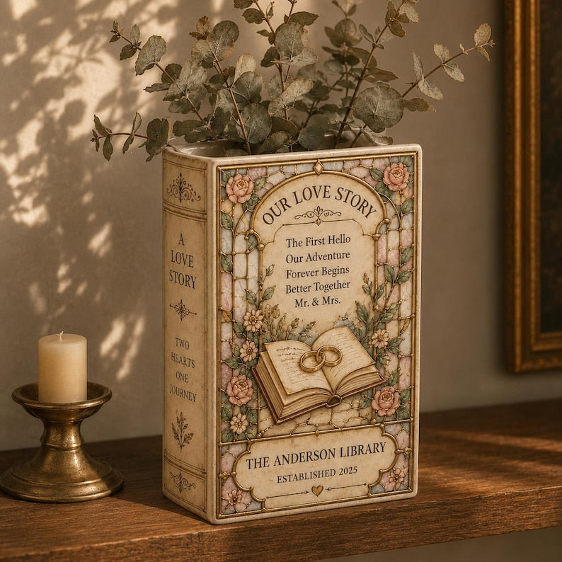Custom Stained Glass Style Ceramic Book Vase, Custom Wedding Gift for Couple