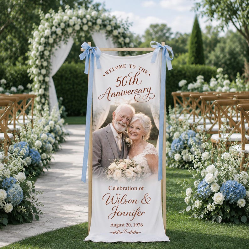 Personalized Photo Anniversary Welcome Sign, Custom 50th Anniversary Banner, Fabric Welcome Sign