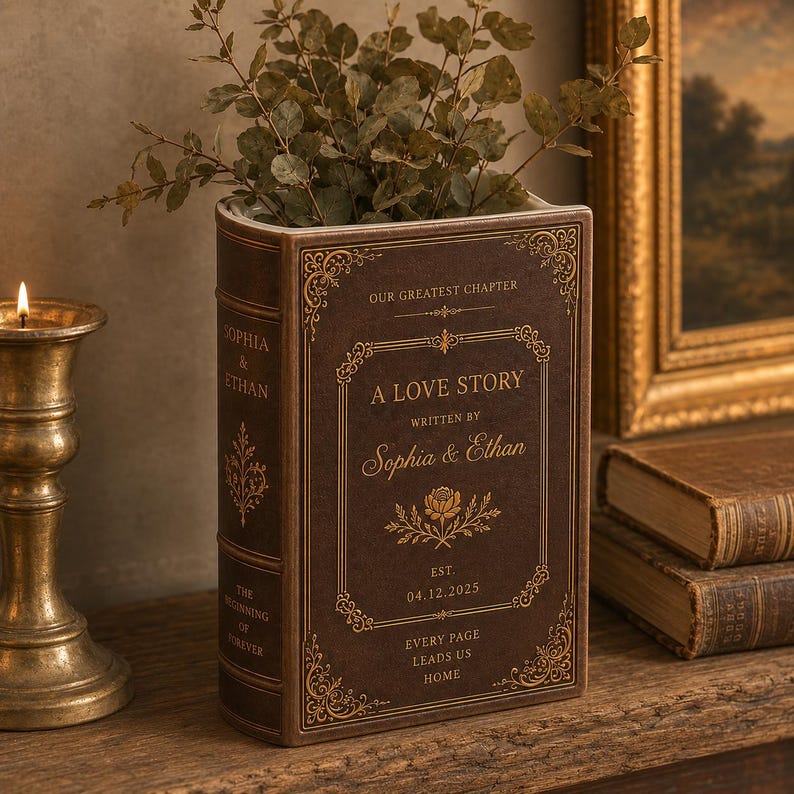 Personalized Vintage Ceramic Book Vase, Personalised Wedding Gift for Couple
