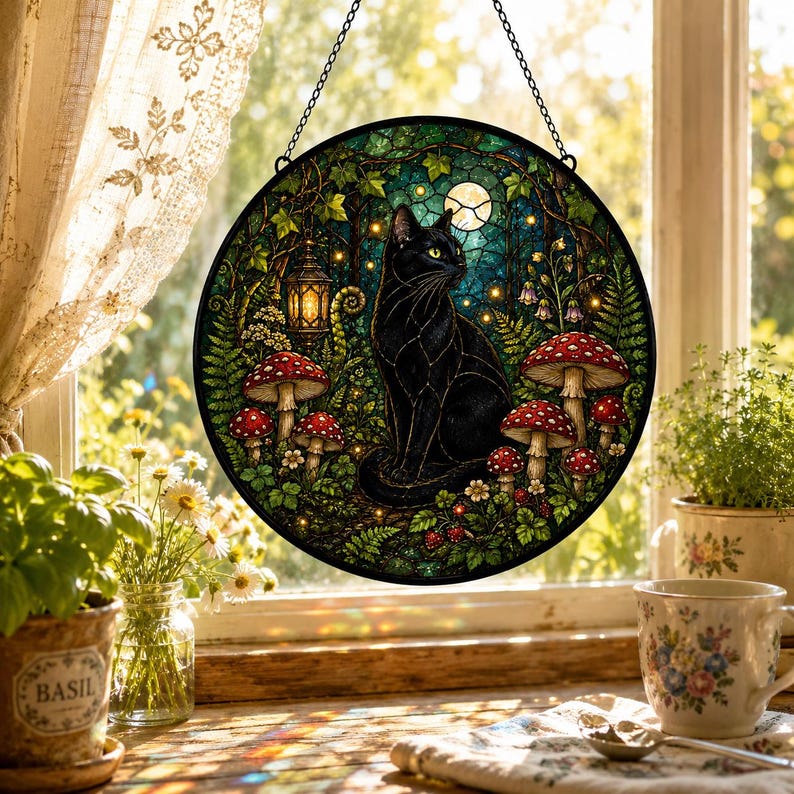 Black Cat Stained Glass Suncatcher, Mushroom Moon Window Hanging, Witchy Cottagecore Decor, Gothic Cat Gift