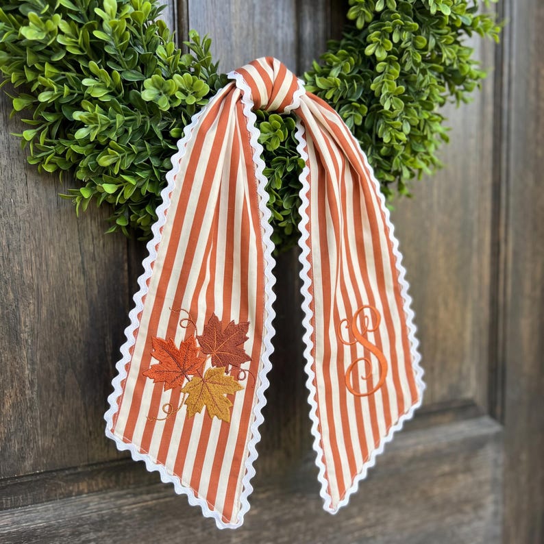 Personalized Fall Wreath Sash, Embroidered Maple Leaf Monogram Door Bow, Striped Autumn Wreath Ribbon