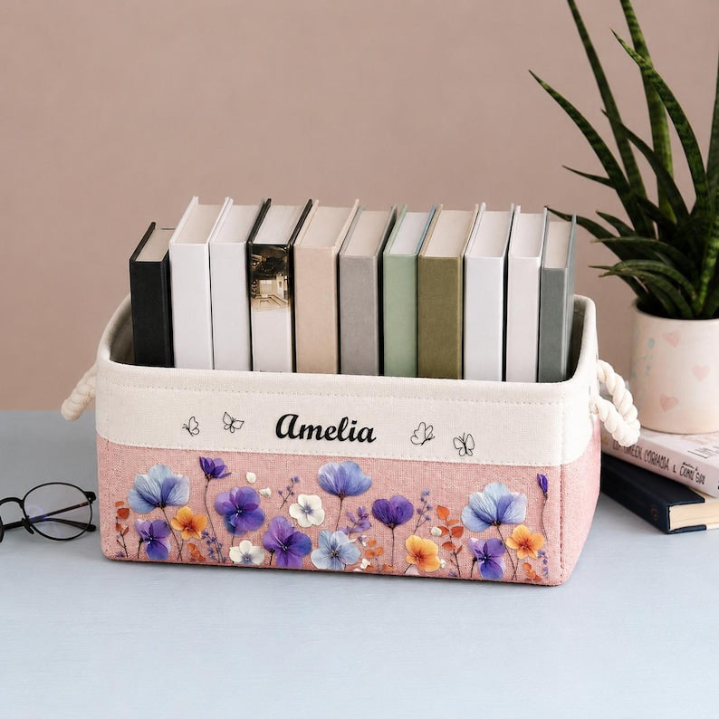 Personalized Birth Month Flower Storage Basket, Custom Birth Flower & Name Gift, Reading Birthday Gift