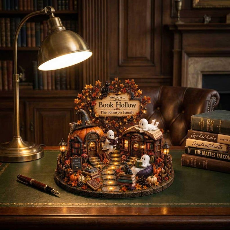 Custom Ghost Reading Bookshop Fall Decor, Cozy Autumn Miniature Bookstore 2D Block