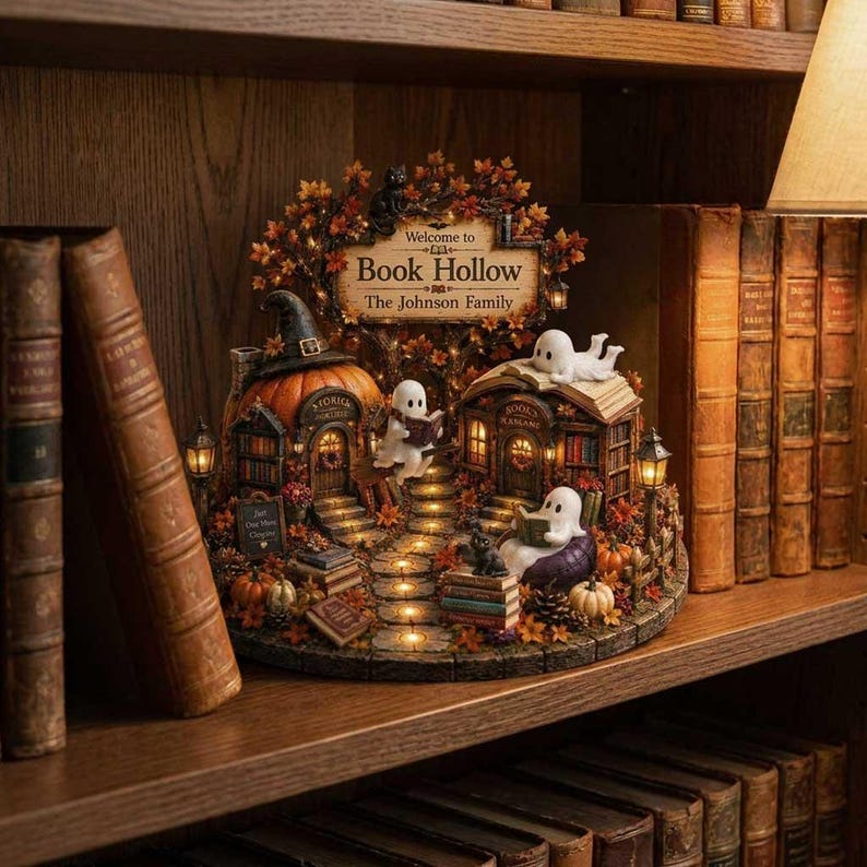 Custom Ghost Reading Bookshop Fall Decor, Cozy Autumn Miniature Bookstore 2D Block