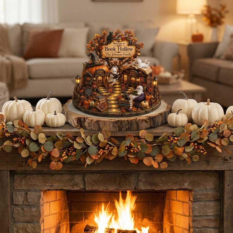 Custom Ghost Reading Bookshop Fall Decor, Cozy Autumn Miniature Bookstore 2D Block