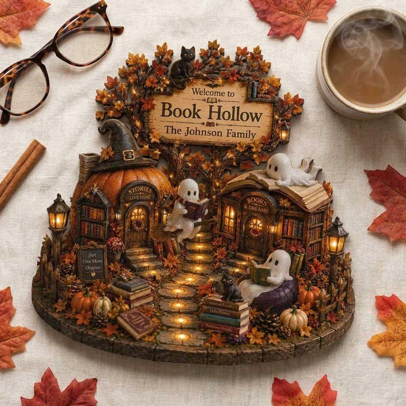 Custom Ghost Reading Bookshop Fall Decor, Cozy Autumn Miniature Bookstore 2D Block