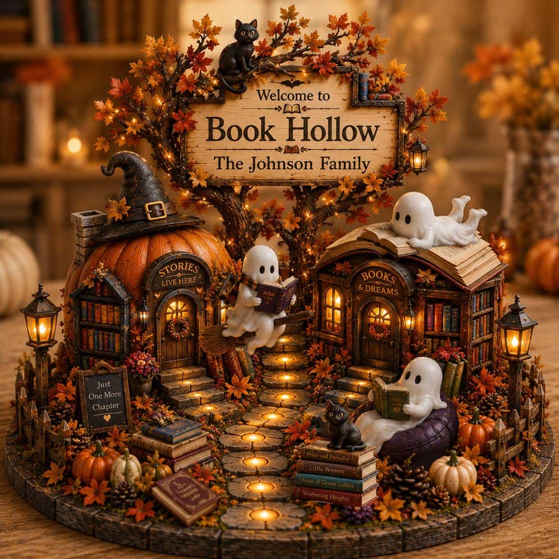 Custom Ghost Reading Bookshop Fall Decor, Cozy Autumn Miniature Bookstore 2D Block
