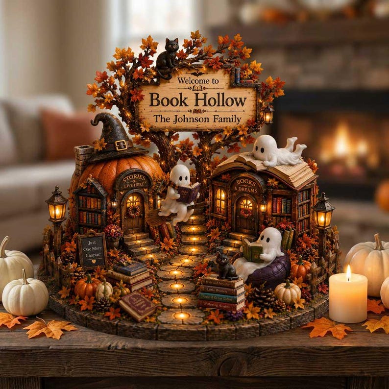 Custom Ghost Reading Bookshop Fall Decor, Cozy Autumn Miniature Bookstore 2D Block