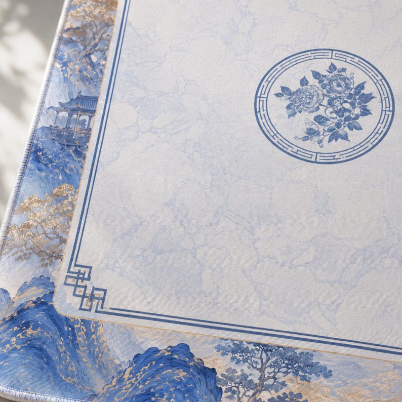 Blue Mountain Chinoiserie Mahjong Mat, American Mahjong Mat, Asian Landscape Garden, Pagoda Floral Mahjong Gift