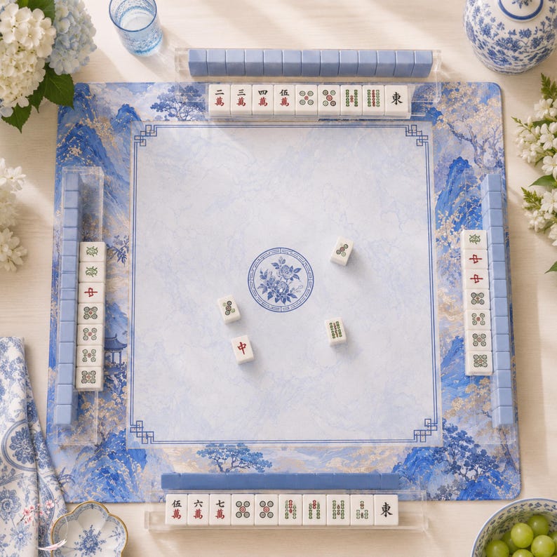 Blue Mountain Chinoiserie Mahjong Mat, American Mahjong Mat, Asian Landscape Garden, Pagoda Floral Mahjong Gift