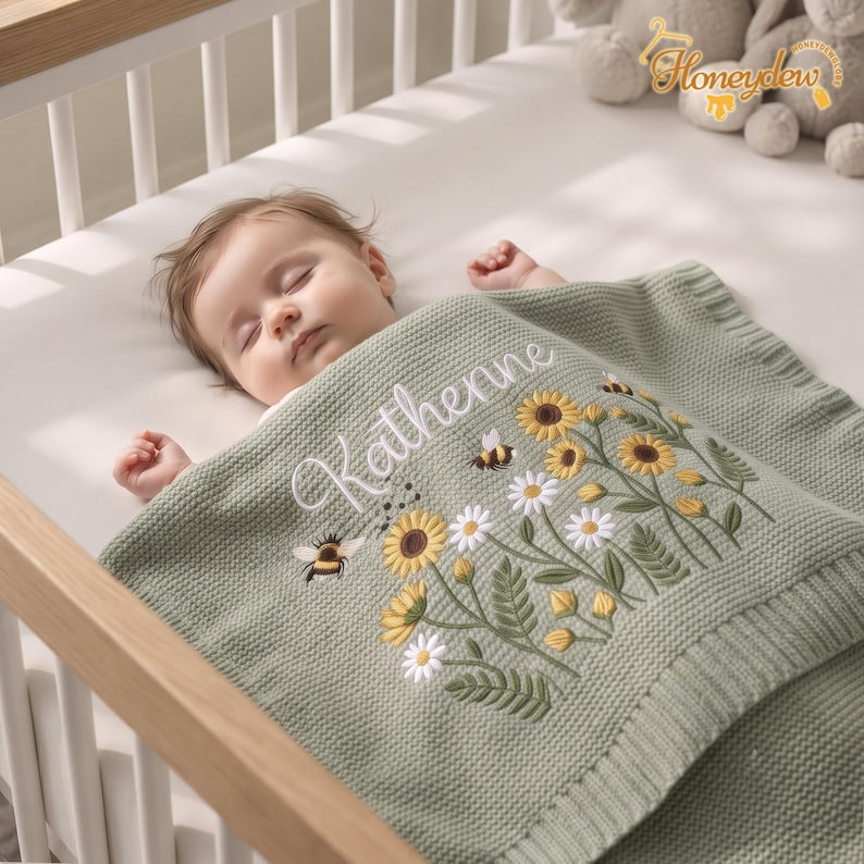 Embroidered Personalized Flowers with Bee Baby Blanket, Custom Baby Blanket, Floral Nursery Blanket