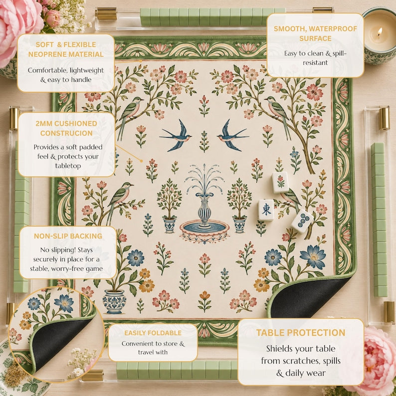 Botanical Bird Garden Mahjong Mat, American Mahjong Mat, Chinoiserie Floral Fountain, Sage Green Grandmillennial Gift