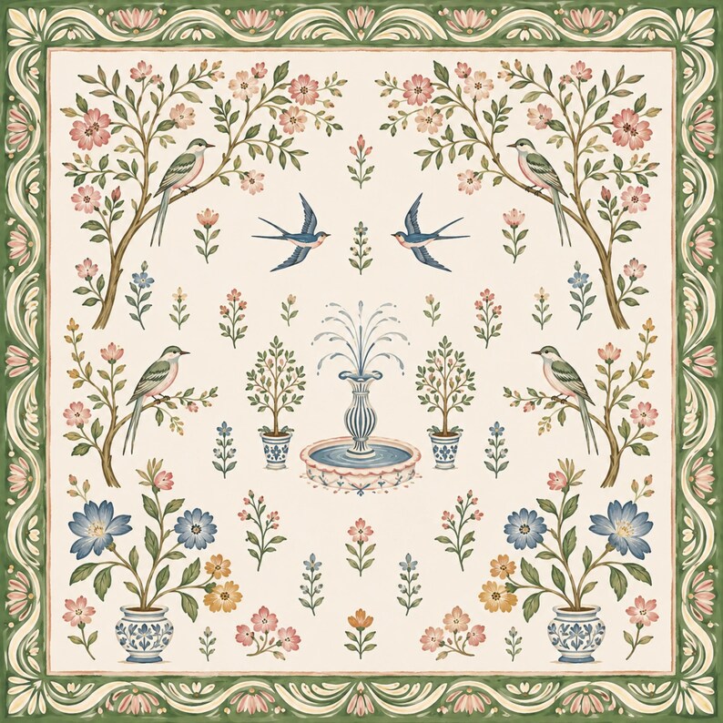 Botanical Bird Garden Mahjong Mat, American Mahjong Mat, Chinoiserie Floral Fountain, Sage Green Grandmillennial Gift
