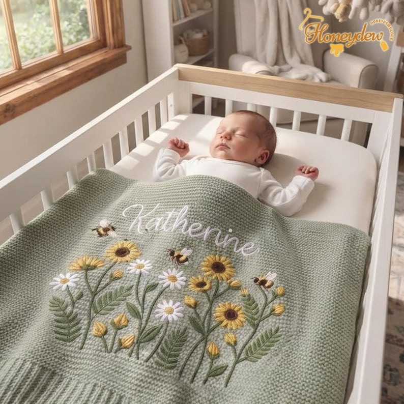 Embroidered Personalized Flowers with Bee Baby Blanket, Custom Baby Blanket, Floral Nursery Blanket