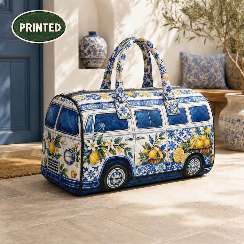 Quilted Weekend Bag, Vintage Lemon Camper Van Duffel, Floral Overnight Travel Tote, Cute Birthday Gift