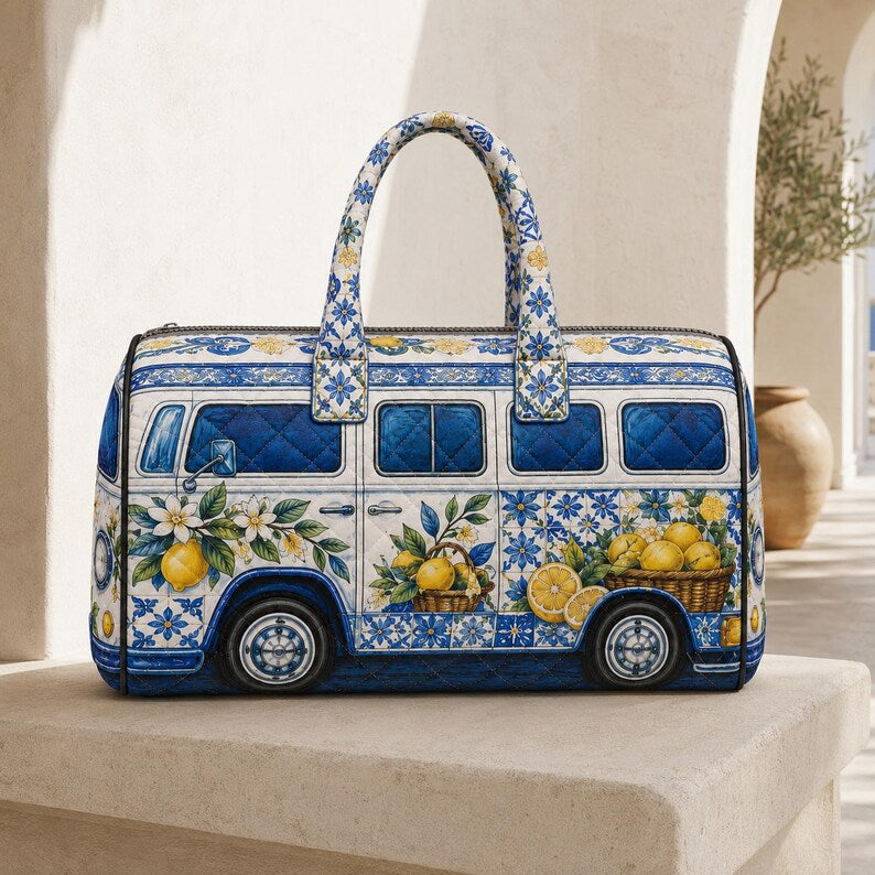 Quilted Weekend Bag, Vintage Lemon Camper Van Duffel, Floral Overnight Travel Tote, Cute Birthday Gift