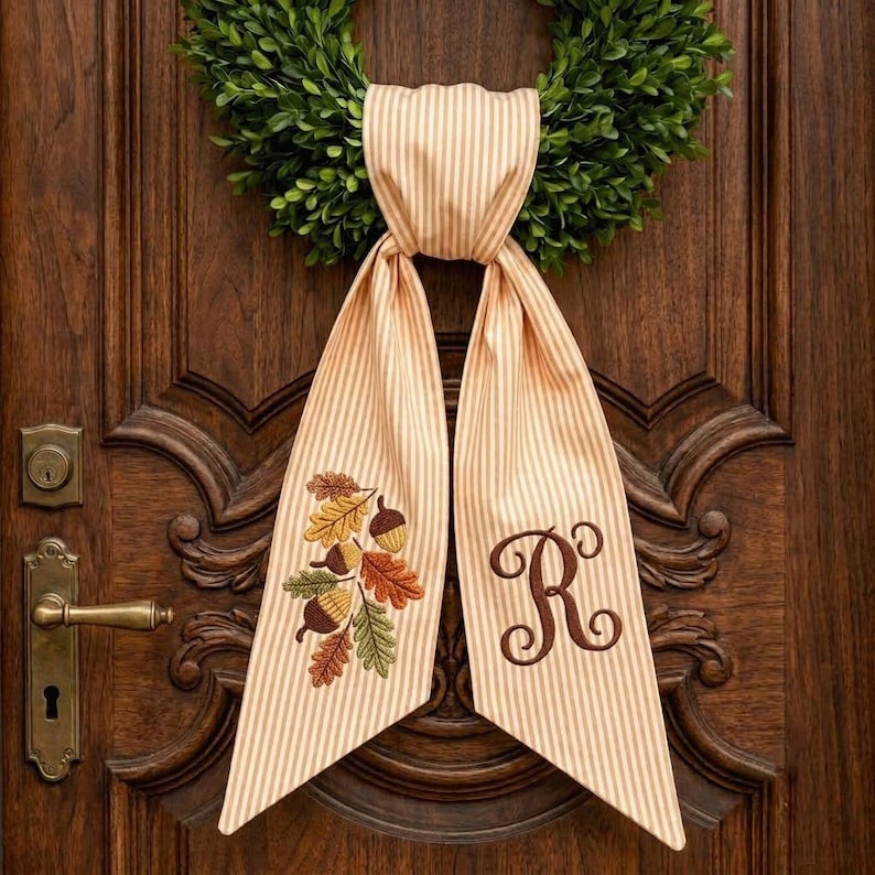 Personalized Fall Wreath Sash, Embroidered Monogram Door Hanger Bow, Autumn Acorn Leaf Wreath Ribbon