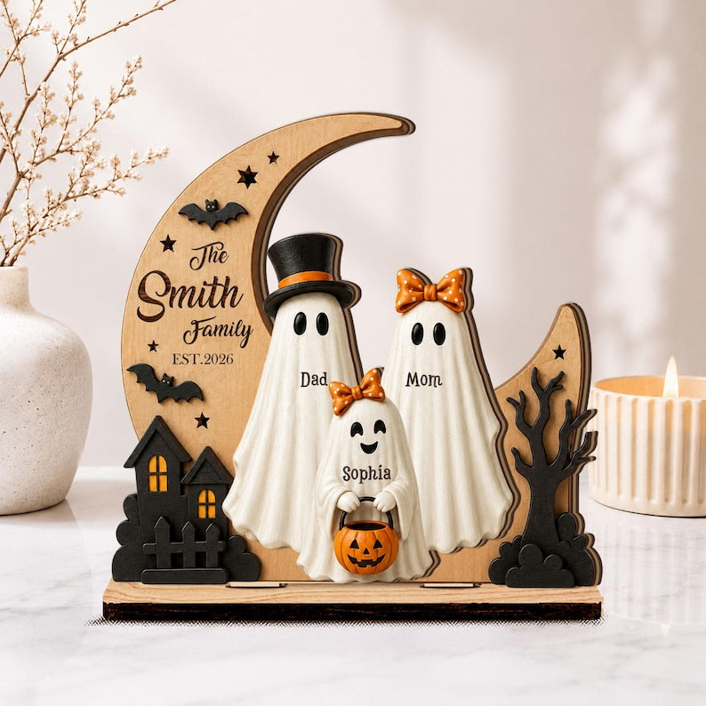 Personalized Ghost Family Layered Wooden Sign, Custom Family Name Halloween, Spooky House Decor