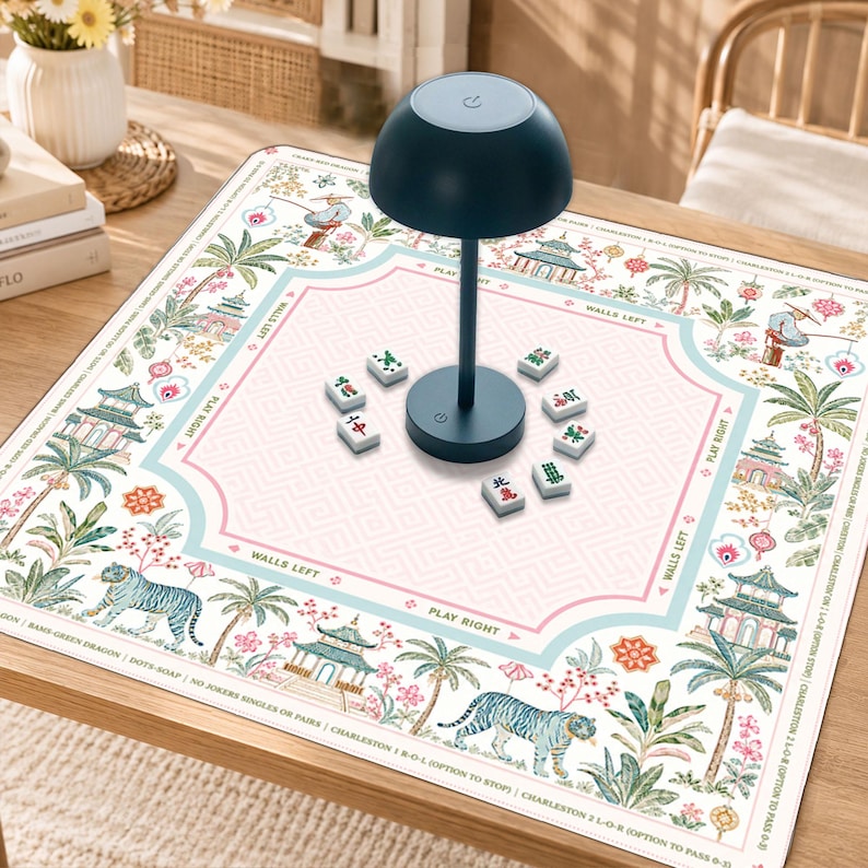 Chinoiserie Mahjong Mat, Pastel Asian Game Board, Tiger Pagoda Decor Tabletop Accessory, Unique Gaming Gift