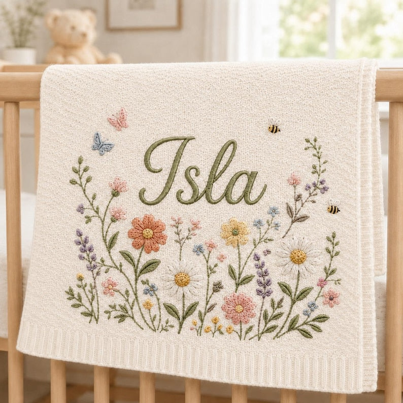 Personalized Embroidered Baby Blanket, Custom Name Floral Blanket, Wildflower Keepsake, Soft Nursery Decor, Baby Shower Gift