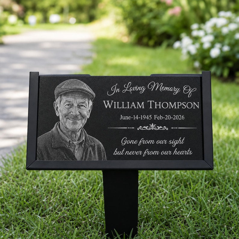 Personalized Photo Memorial Stone, Custom Granite Grave Marker With Stand