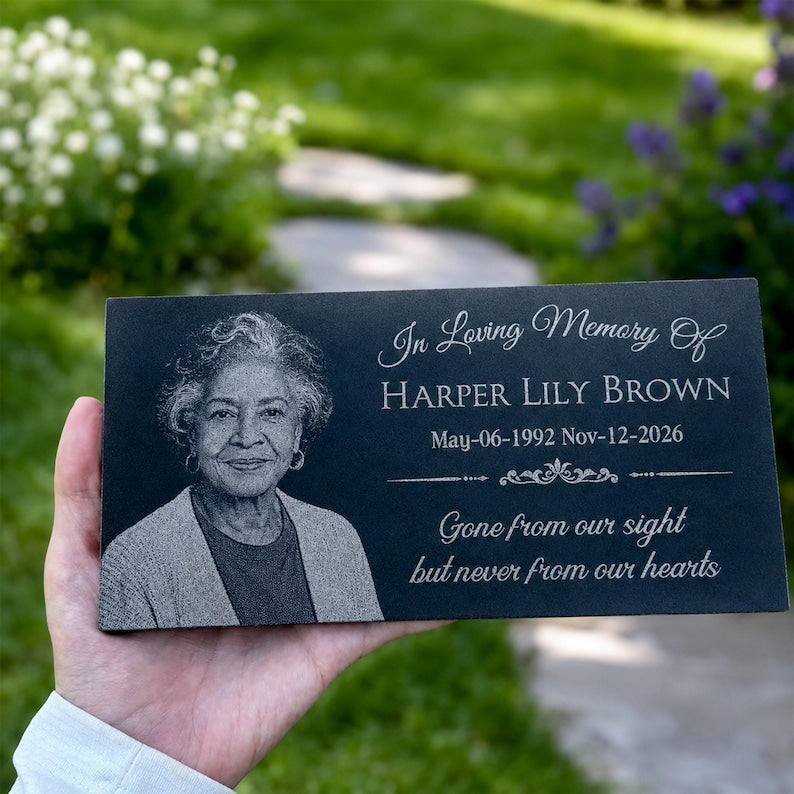 Personalized Photo Memorial Stone, Custom Granite Grave Marker With Stand