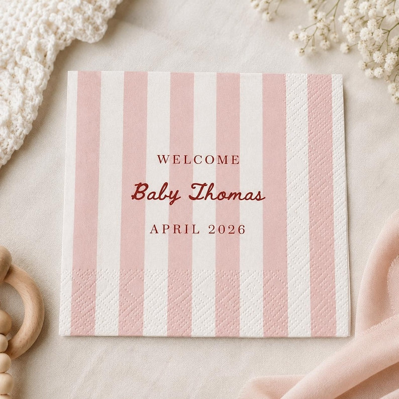 Personalized Baby Shower Napkins Custom Striped Cocktail Beverage Party Decor Boy Girl Celebration Favors