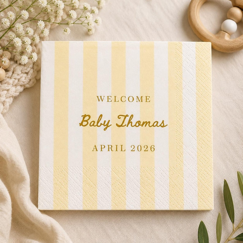 Personalized Baby Shower Napkins Custom Striped Cocktail Beverage Party Decor Boy Girl Celebration Favors