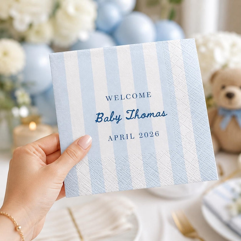Personalized Baby Shower Napkins Custom Striped Cocktail Beverage Party Decor Boy Girl Celebration Favors