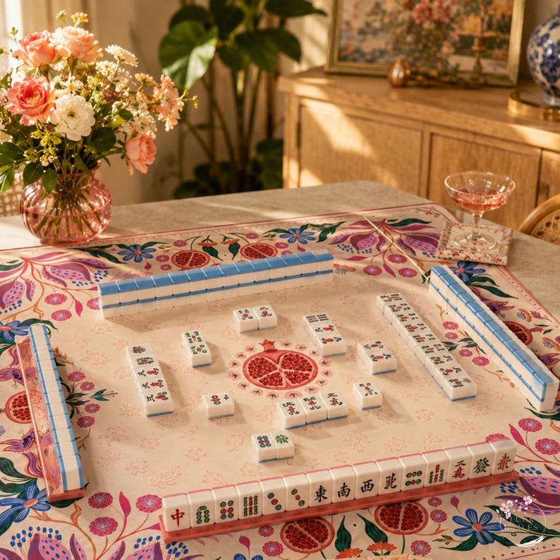 Pomegranate Folk Art Mahjong Mat, American Mahjong Mat, Pomegranate Floral Border, Botanical Mahjong Gift