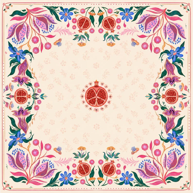 Pomegranate Folk Art Mahjong Mat, American Mahjong Mat, Pomegranate Floral Border, Botanical Mahjong Gift